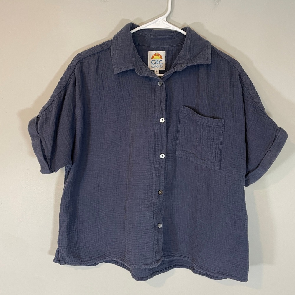 C&C California Navy Blue Double Gauze Cotton Boxy Short Sleeve Shirt L Crinkle
